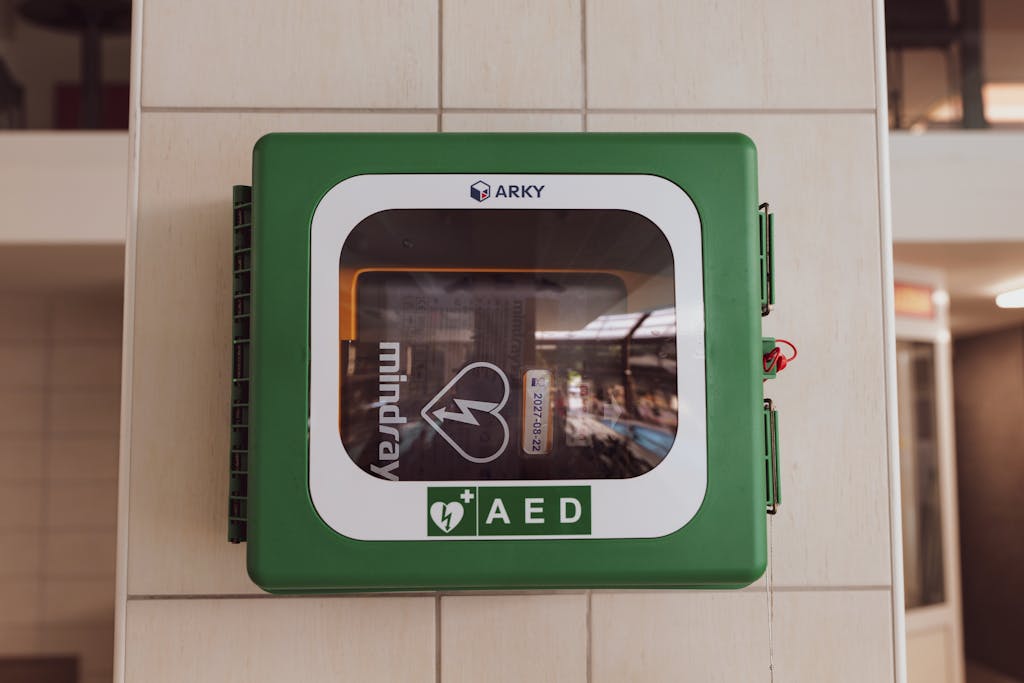 A close-up shot of a wall-mounted AED device in Stubičke Toplice, Croatia.