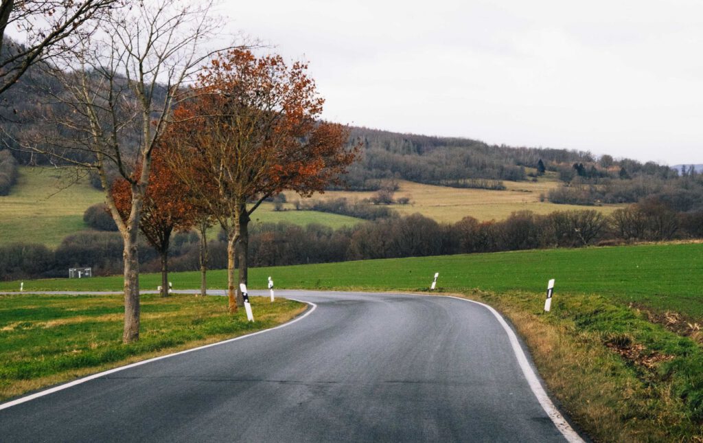 Peaceful winding road through autumn fields and trees, showcasing fall foliage.